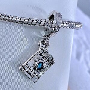Silver & Blue Passport Dangle‎ Charm Fits Snake Chain Bracelets
